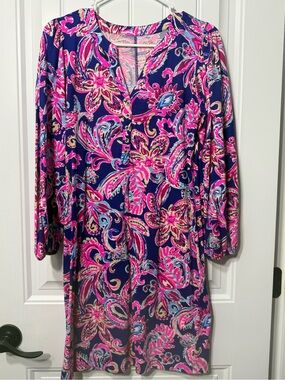 Lilly Pulitzer Dress Emery Tunic “Multi Flitting About” Pink Blue Pima Cotton S